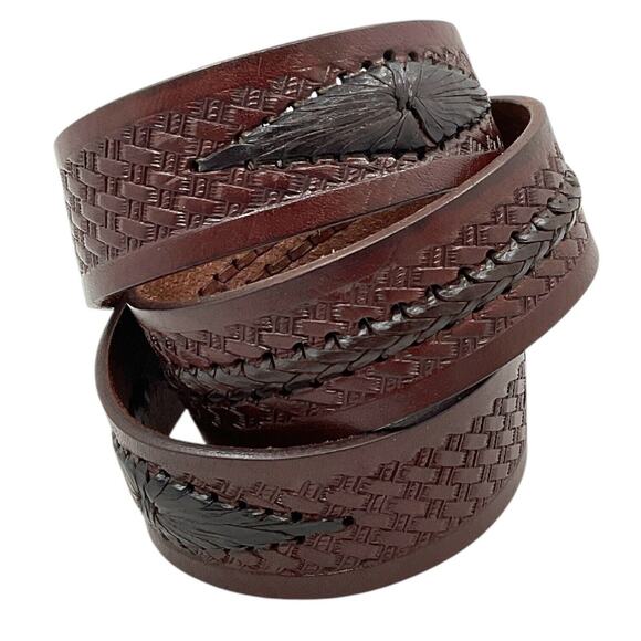 Brown Leather Mens 36 Western Belt Dark Brown Stitching Southwest Rodeo Cowboy - Picture 3 of 5